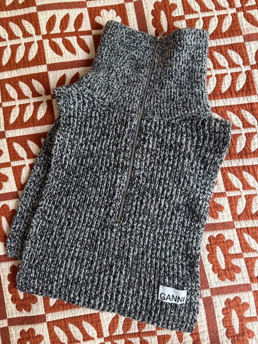 Ganni Black & White Marled Zip Neck Cowl